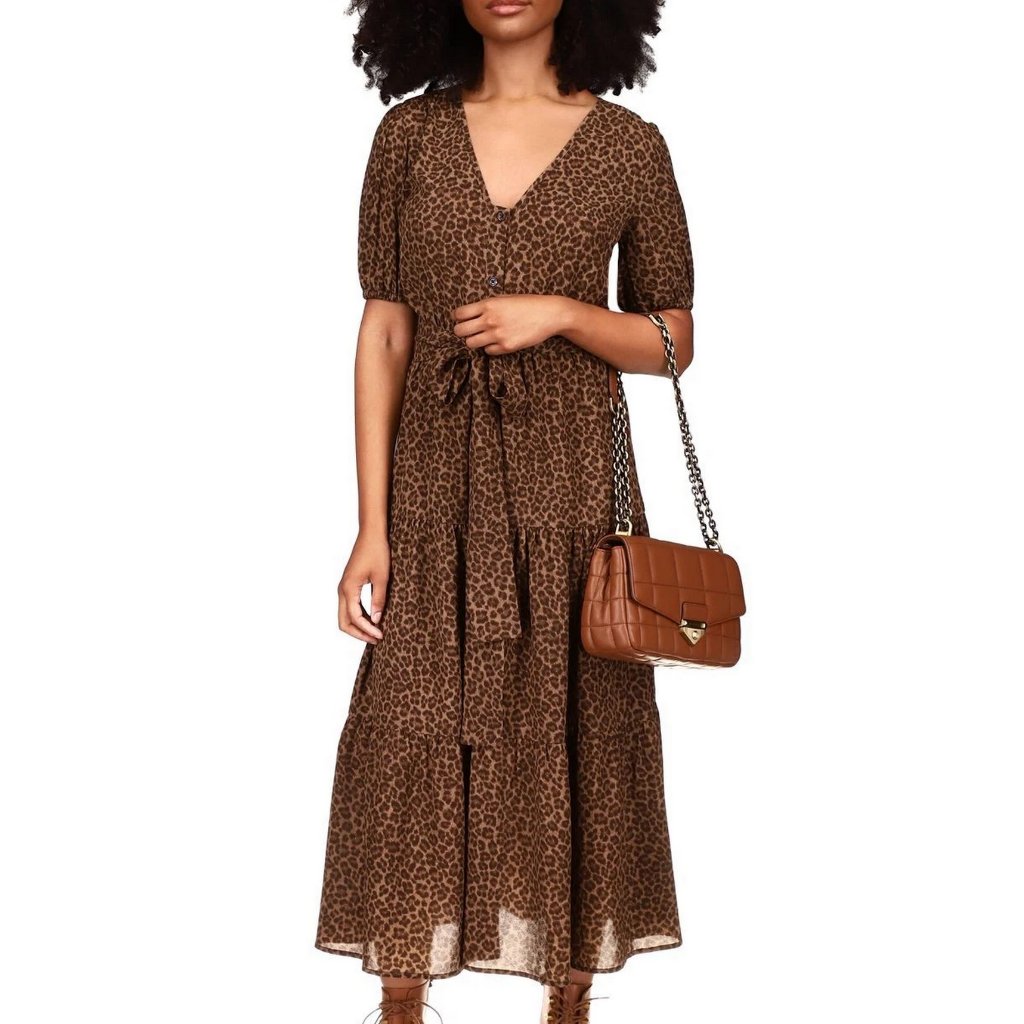 Michael Michael Kors Mid-Calf Bohemian Animal Print Brown Shift Dress M